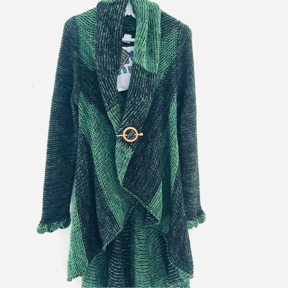 NWT Alpaca cardigan handmade open Crochet M/L sustainable boho knit green/black - Picture 2 of 9